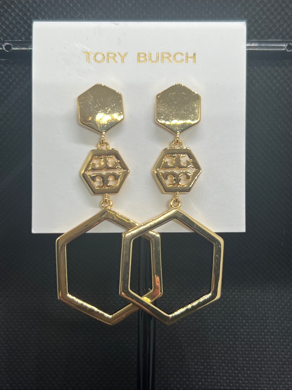 Tory Burch Gold Layered Hexagon Drop Earrings